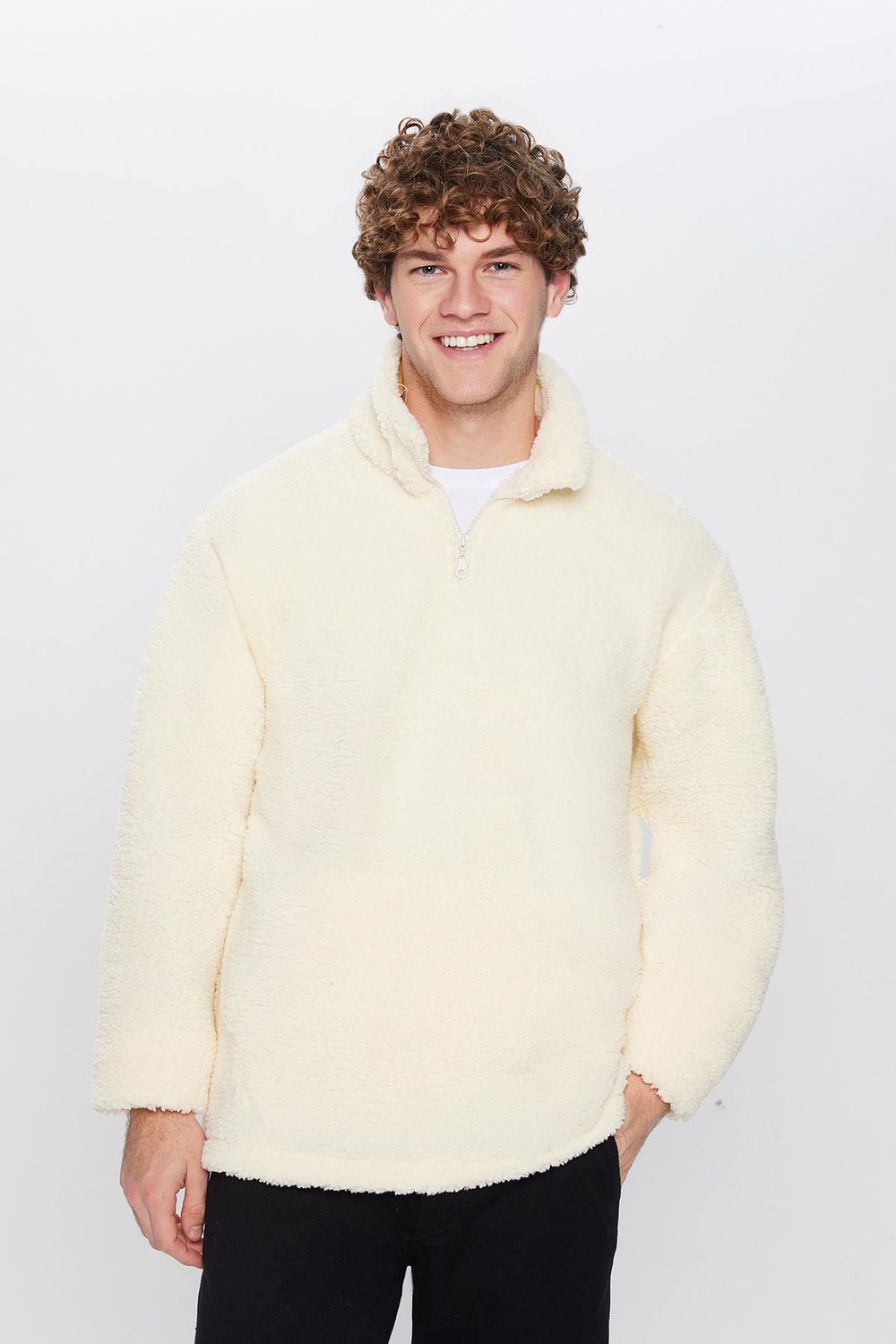 Unisex Relax Fit Rahat Kesim Kanguru Cepli Yarım Fermuarlı Dik Yaka Peluş Sweatshırt