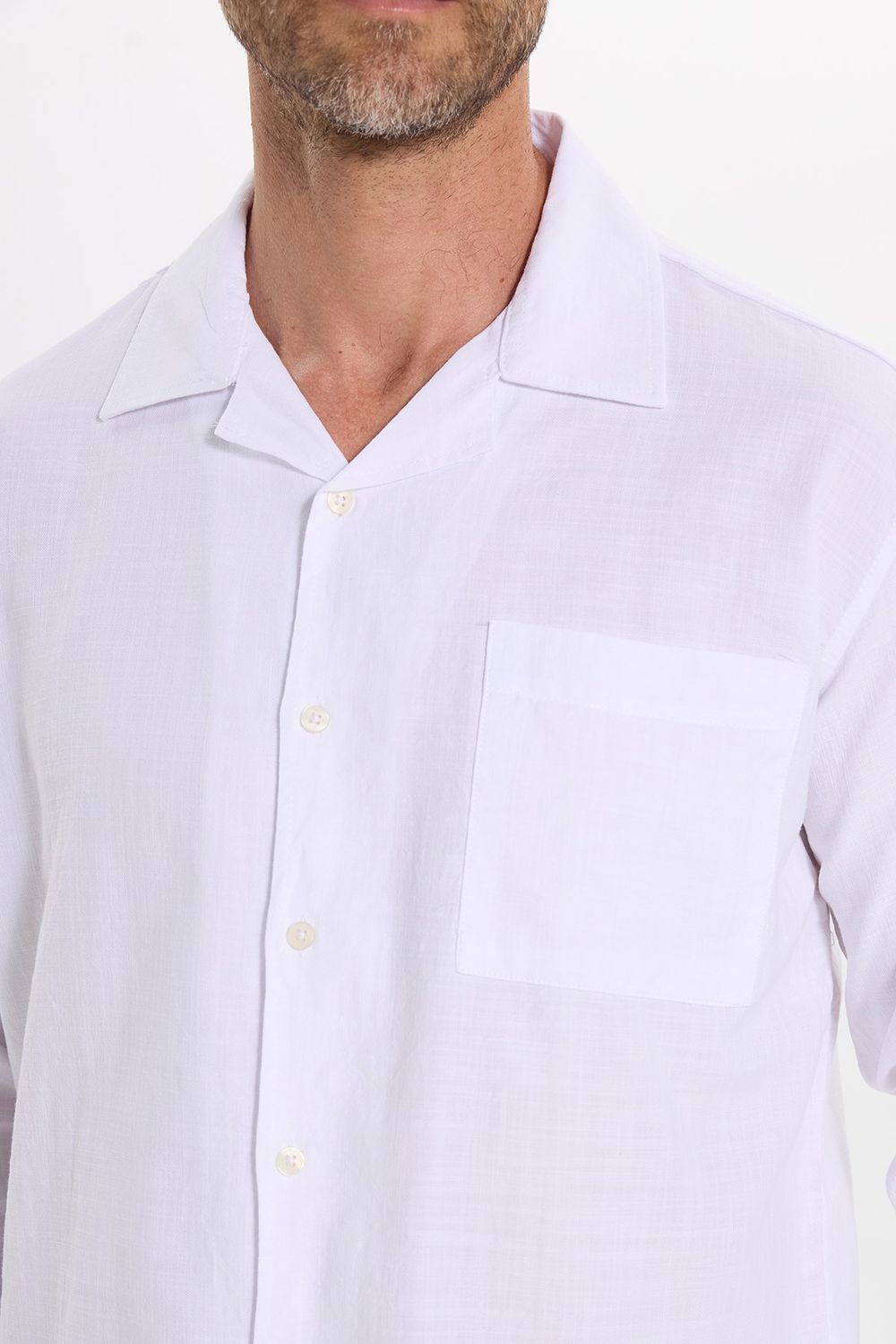 Erkek Relax Fit Rahat Kesim Oversize %100 Pamuk Keten Doku Apaş Yaka Beyaz Gömlek