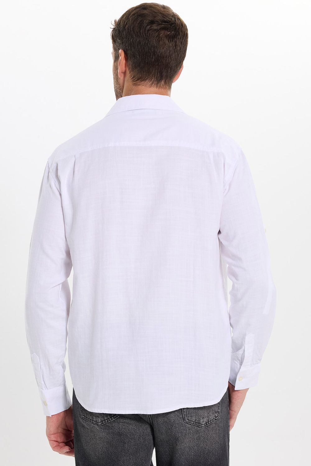 Erkek Relax Fit Rahat Kesim Oversize %100 Pamuk Keten Doku Apaş Yaka Beyaz Gömlek
