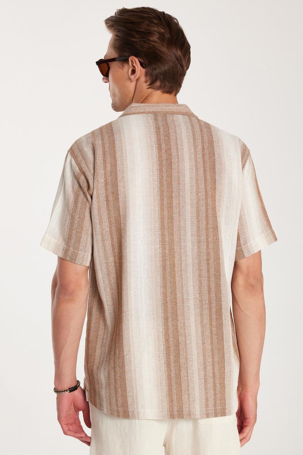 Relax Fit Oversize Dökümlü Rahat Kalıp Çizgili Keten Efekt Erkek Gömlek