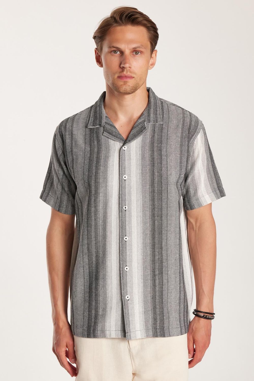 Relax Fit Oversize Dökümlü Rahat Kalıp Çizgili Keten Efekt Erkek Gömlek