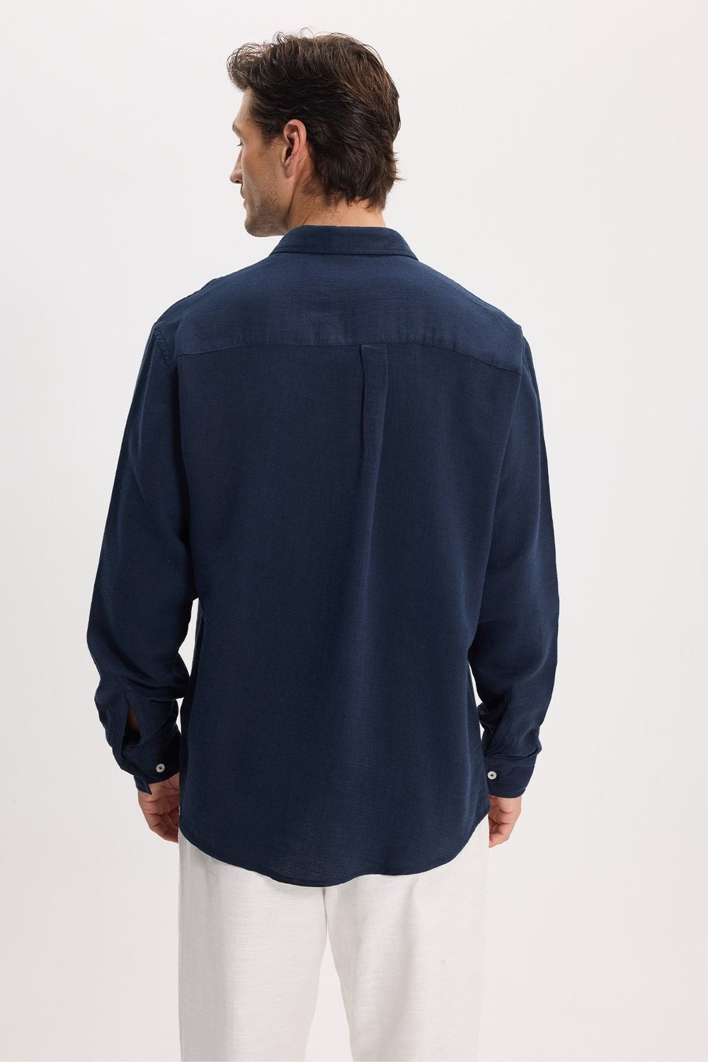 Erkek Relax Fit Rahat Kesim Oversize Müslin Viskon Pamuklu Tek Cepli Düz Lacivert Gömlek