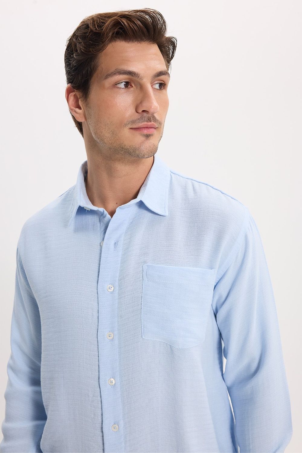Erkek Relax Fit Rahat Kesim Oversize Müslin Viskon Pamuklu Tek Cepli Düz Mavi Gömlek