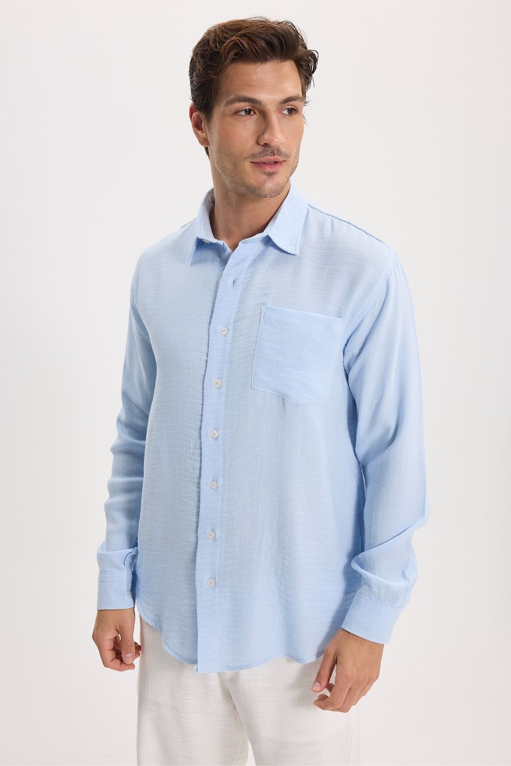 Erkek Relax Fit Rahat Kesim Oversize Müslin Viskon Pamuklu Tek Cepli Düz Mavi Gömlek