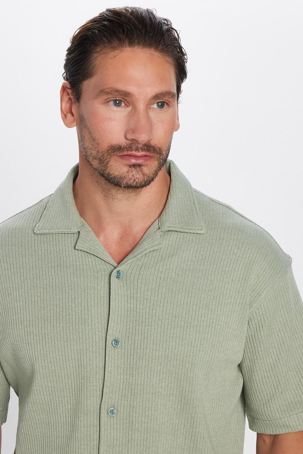 Erkek Relax Fit Rahat Kesim Örme Doku Kısa Kollu Apaş Yaka Gömlek