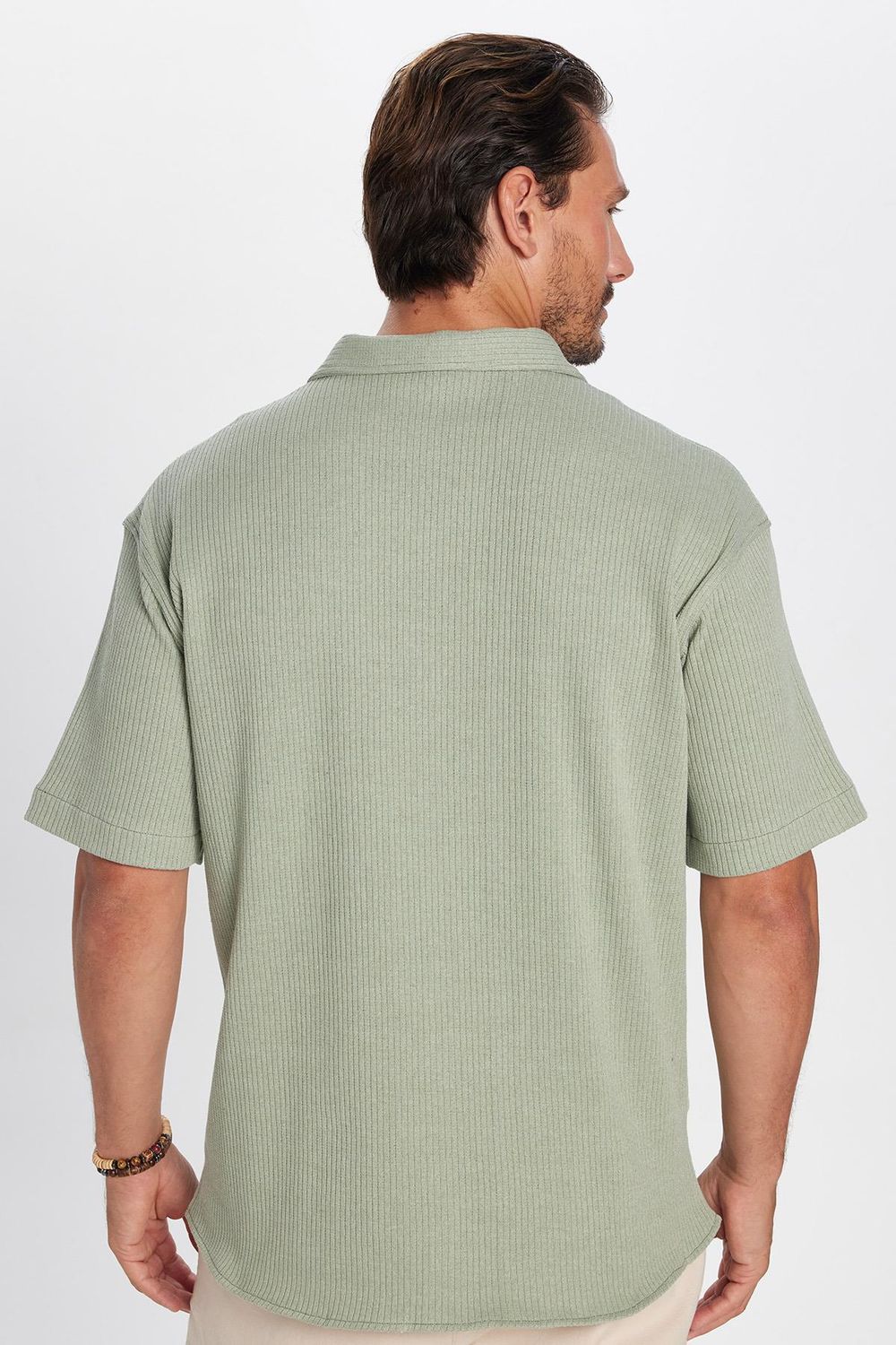 Erkek Relax Fit Rahat Kesim Örme Doku Kısa Kollu Apaş Yaka Gömlek