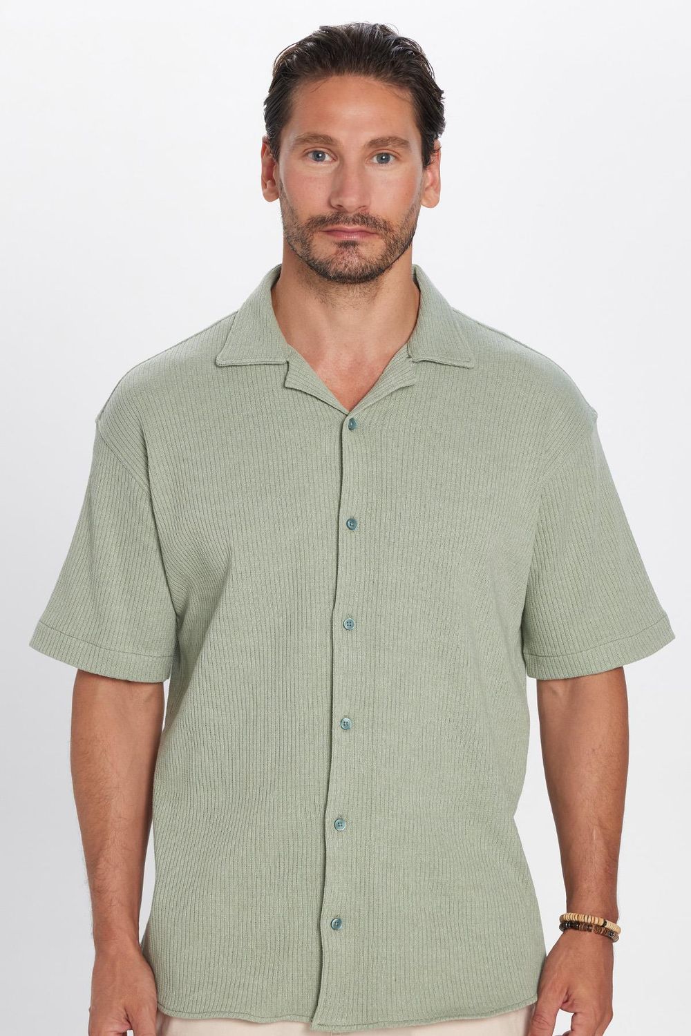 Erkek Relax Fit Rahat Kesim Örme Doku Kısa Kollu Apaş Yaka Gömlek