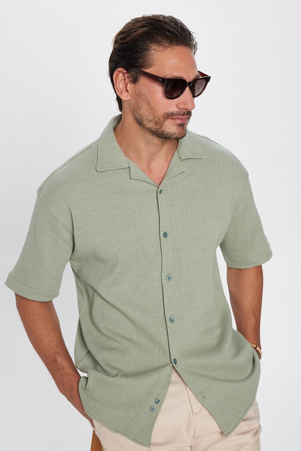 Erkek Relax Fit Rahat Kesim Örme Doku Kısa Kollu Apaş Yaka Gömlek