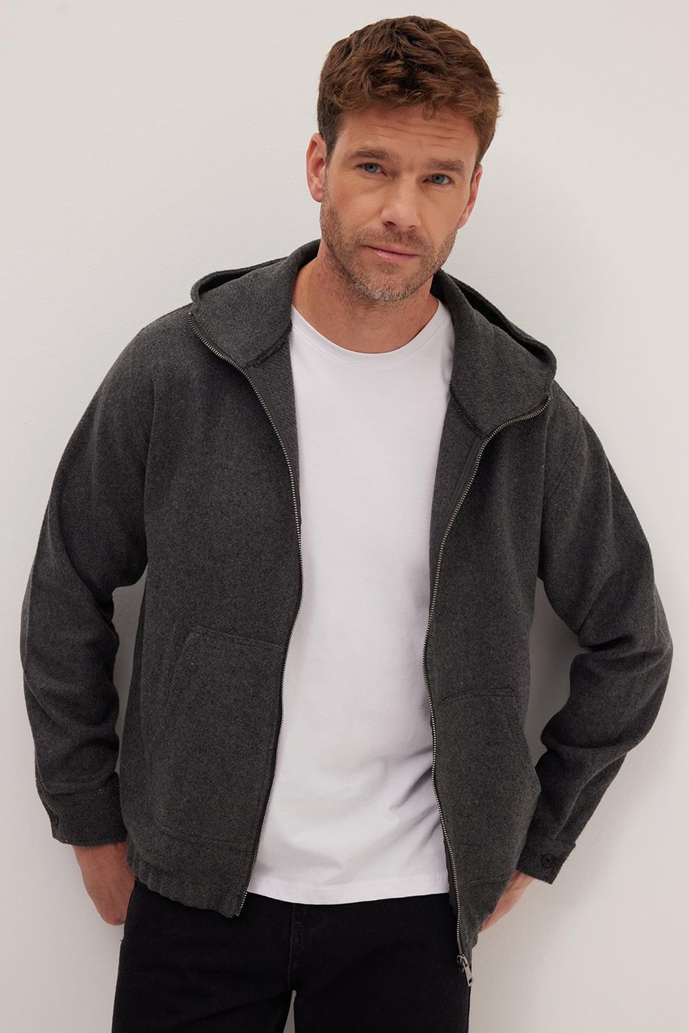 Erkek Relax Fit Rahat Kesim Fermuarlı Çift Cep Kapüşonlu Ceket Gömlek