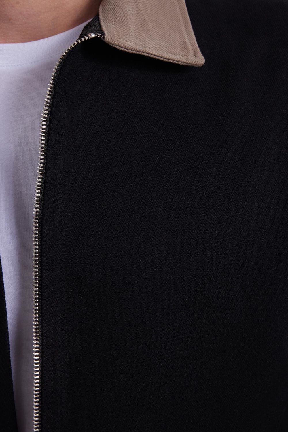 Erkek Relax Fit Rahat Kesim Gabardin Düz Fermuarlı Kanguru Cepli Kontrast Yaka Siyah Gömlek Ceket