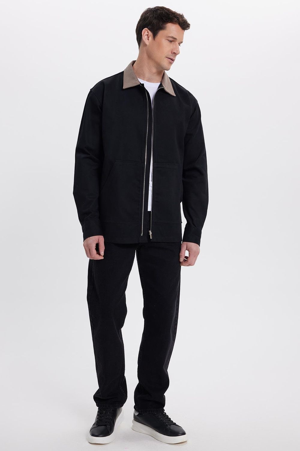 Erkek Relax Fit Rahat Kesim Gabardin Düz Fermuarlı Kanguru Cepli Kontrast Yaka Siyah Gömlek Ceket