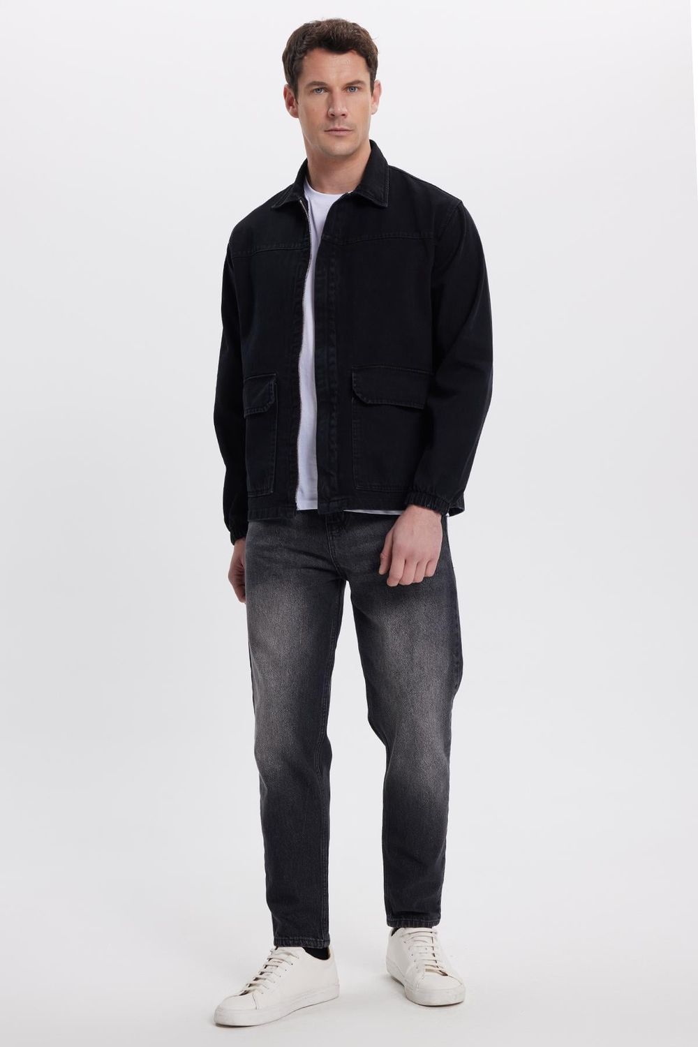 Erkek Relax Fit Rahat Kesim Çift Cep Denim Siyah Kot Mont Gömlek