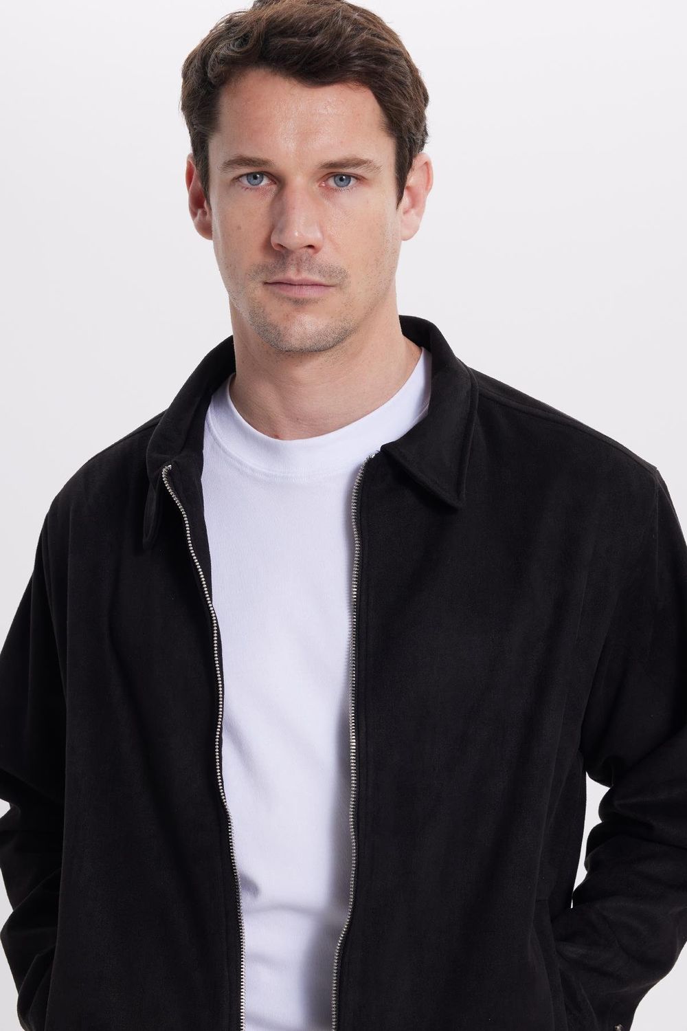 Erkek Relax Fit Rahat Kesim Süet Fermuarlı Astarlı Cepli Siyah Kolej Ceket Mont