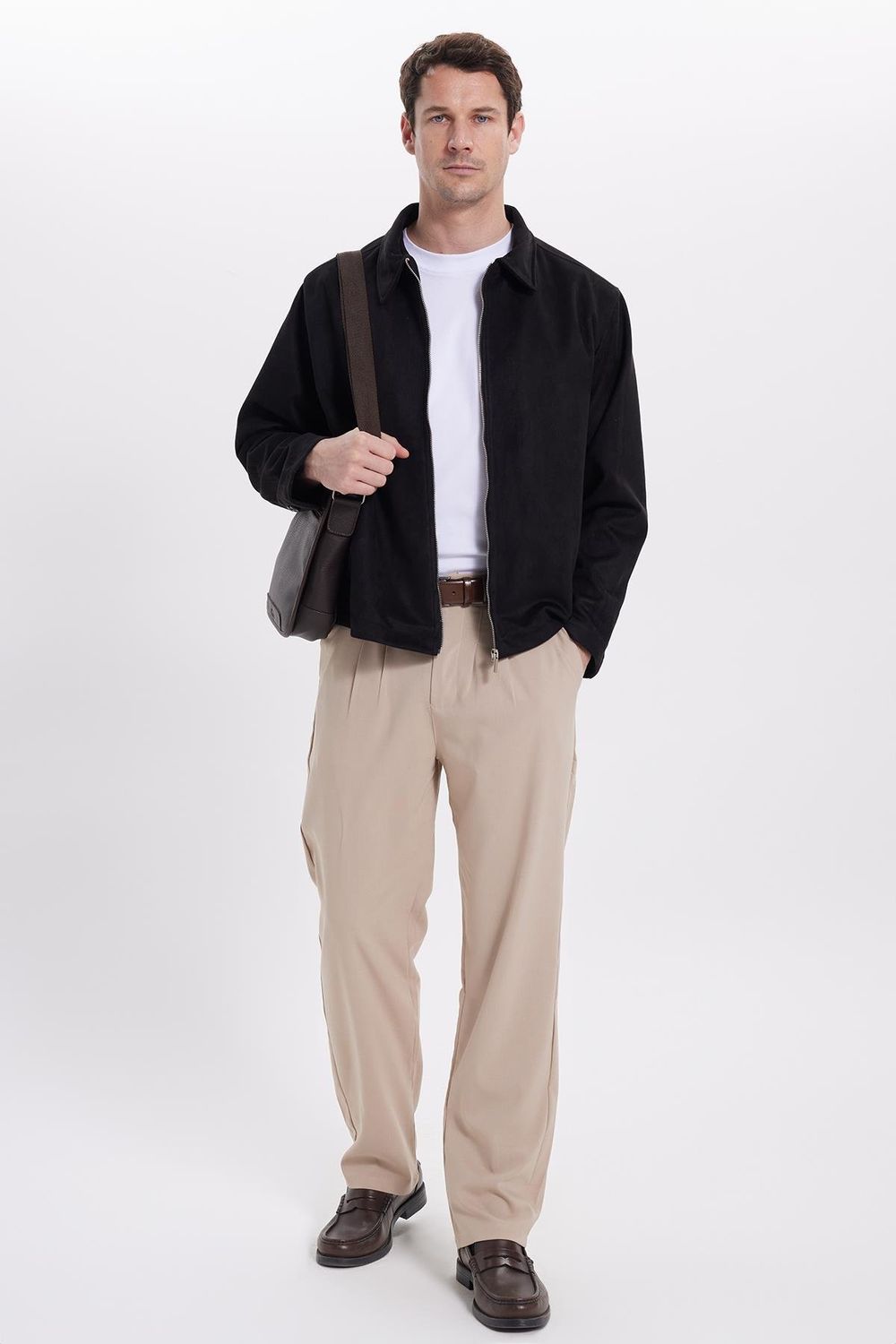 Erkek Relax Fit Rahat Kesim Süet Fermuarlı Astarlı Cepli Siyah Kolej Ceket Mont