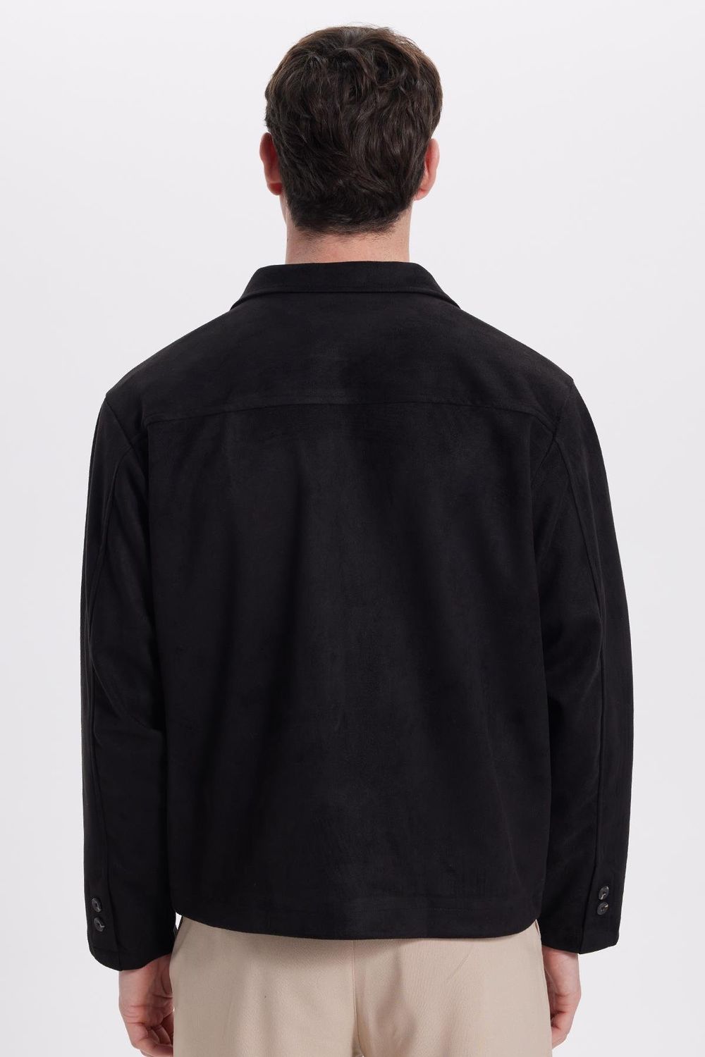 Erkek Relax Fit Rahat Kesim Süet Fermuarlı Astarlı Cepli Siyah Kolej Ceket Mont