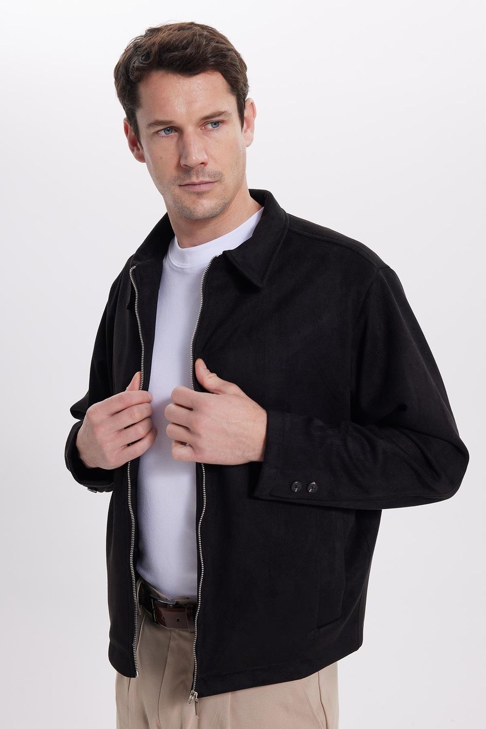 Erkek Relax Fit Rahat Kesim Süet Fermuarlı Astarlı Cepli Siyah Kolej Ceket Mont