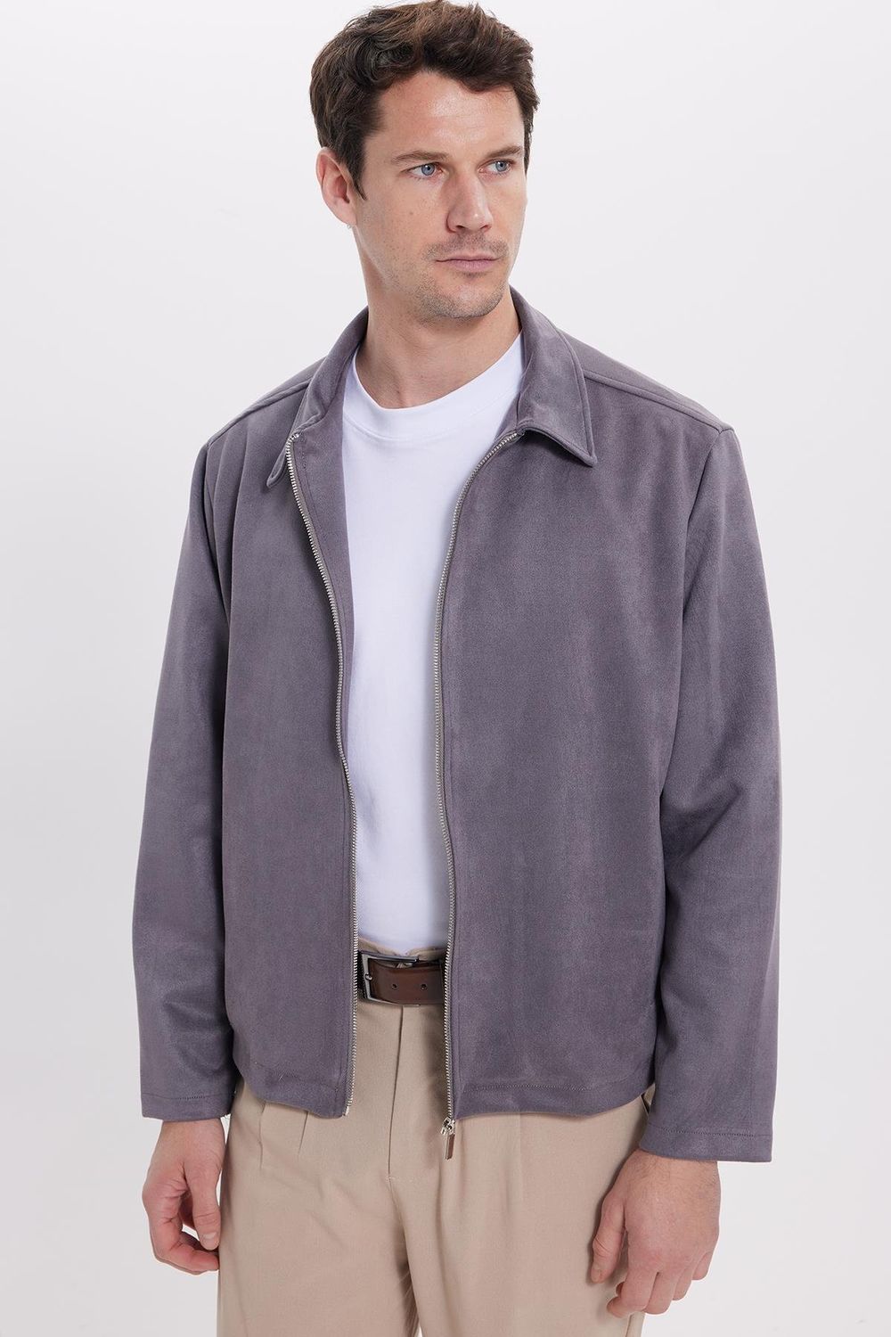 Erkek Relax Fit Rahat Kesim Süet Fermuarlı Astarlı Cepli Gri Kolej Ceket Mont