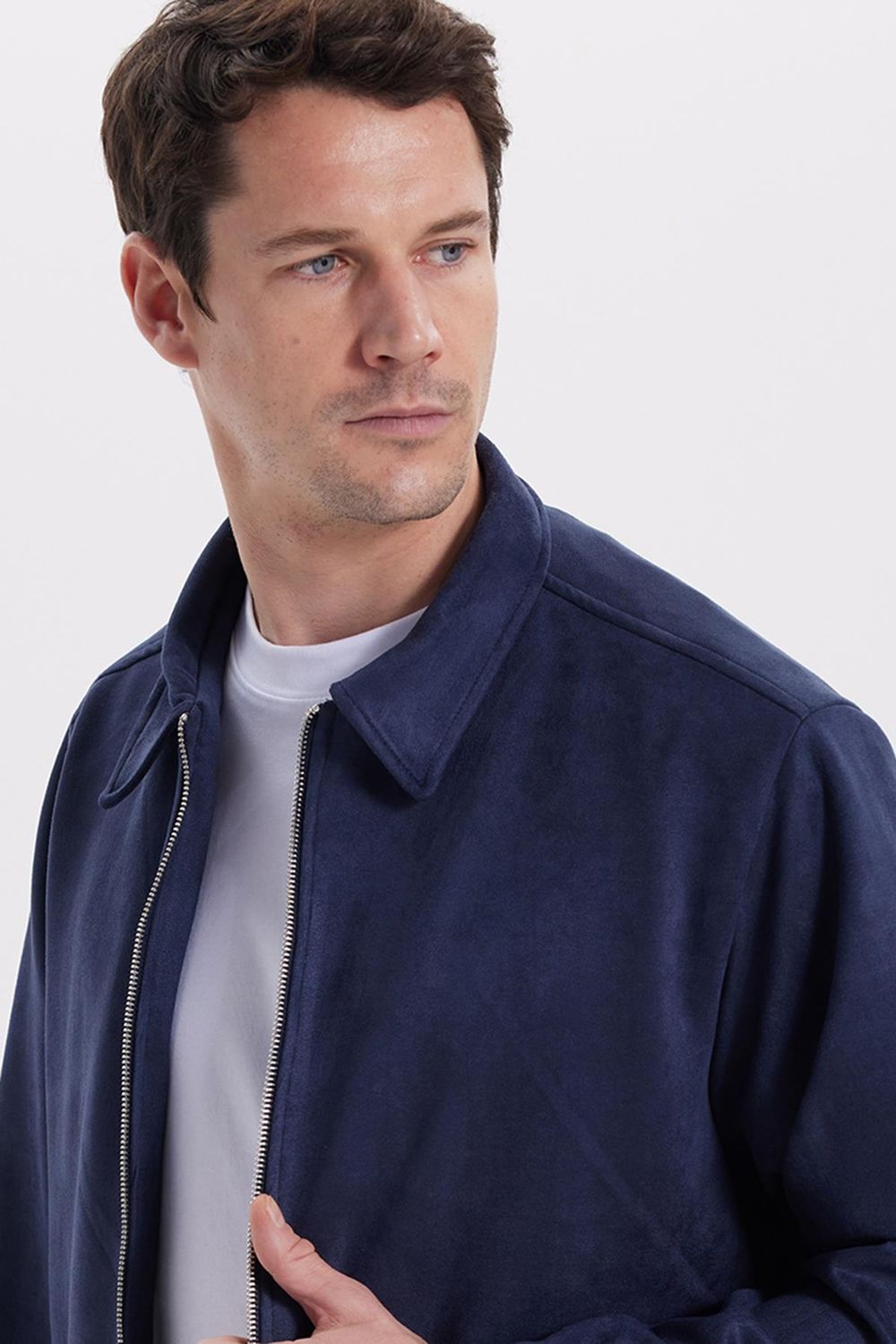 Erkek Relax Fit Rahat Kesim Süet Fermuarlı Astarlı Cepli Lacivert Kolej Ceket Mont