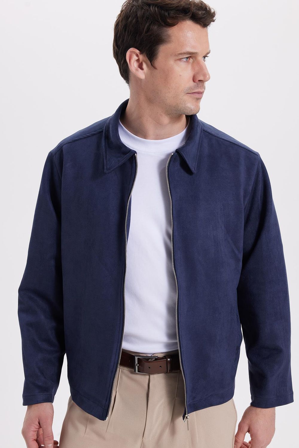 Erkek Relax Fit Rahat Kesim Süet Fermuarlı Astarlı Cepli Lacivert Kolej Ceket Mont