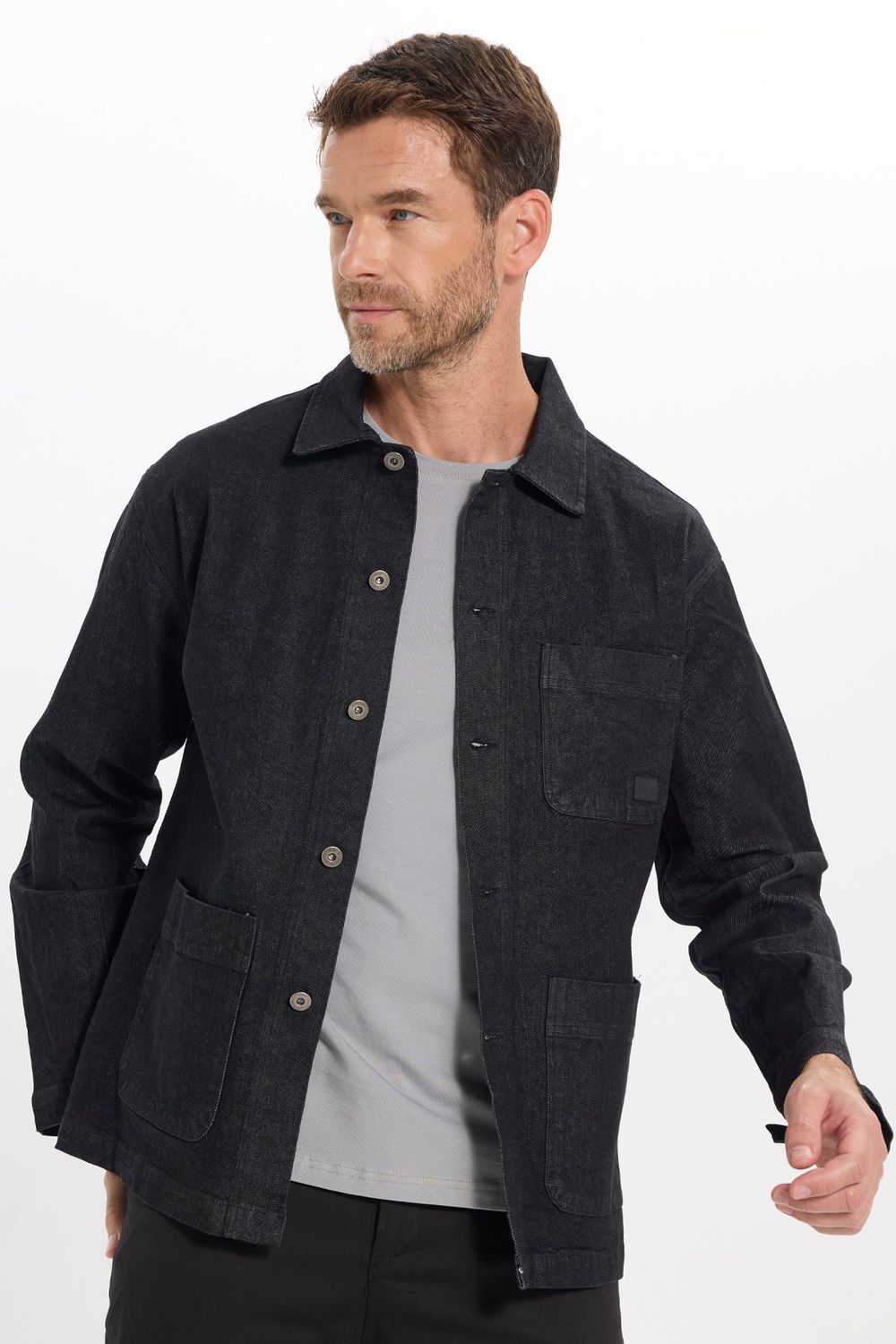 Erkek Relax Fit Rahat Kesim Pamuklu Denim 3 Cepli Siyah Gömlek Ceket
