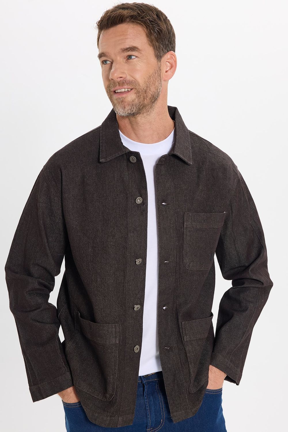 Erkek Relax Fit Rahat Kesim Pamuklu Denim 3 Cepli Kahverengi Gömlek Ceket