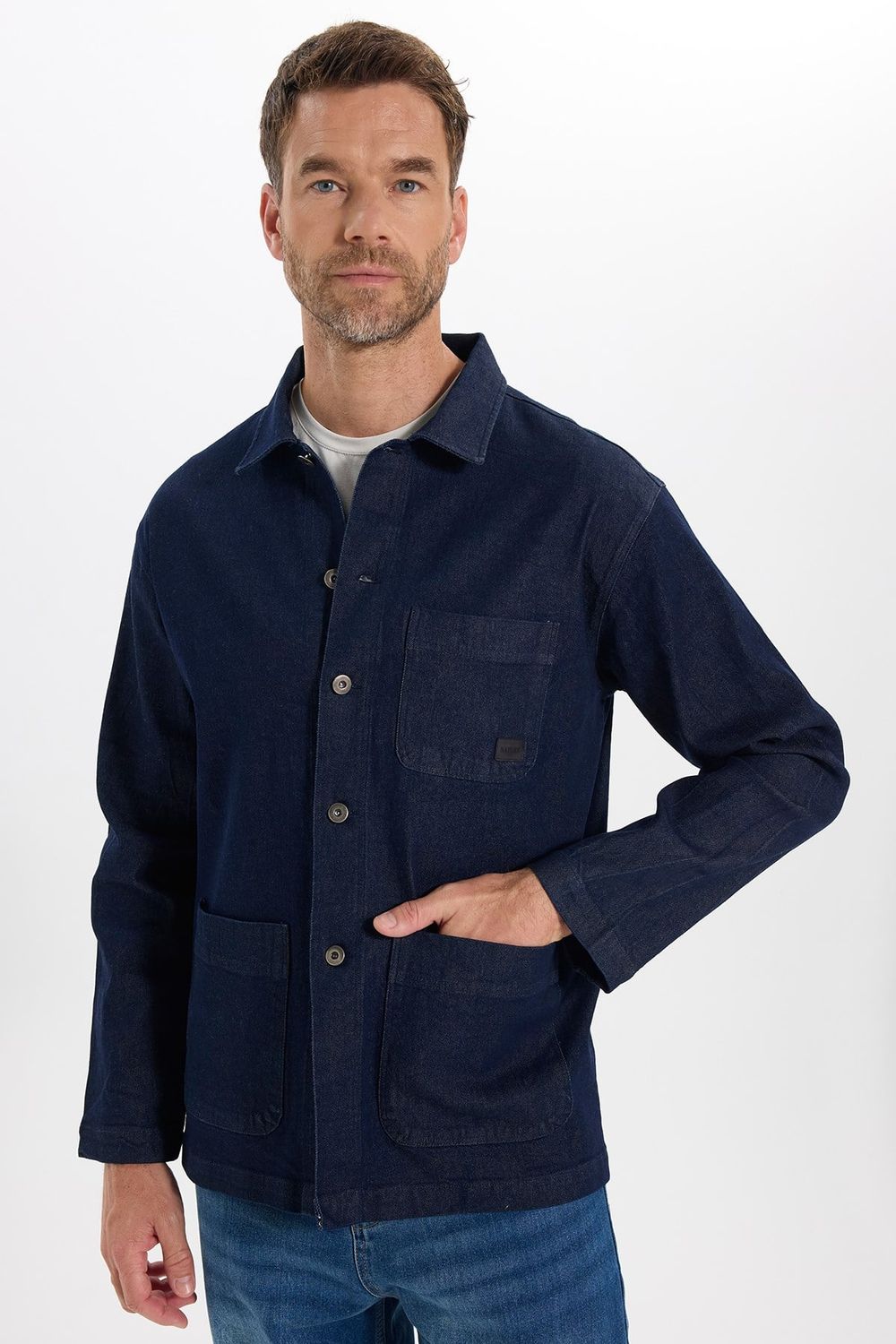Erkek Relax Fit Rahat Kesim Pamuklu Denim 3 Cepli Lacivert Gömlek Ceket