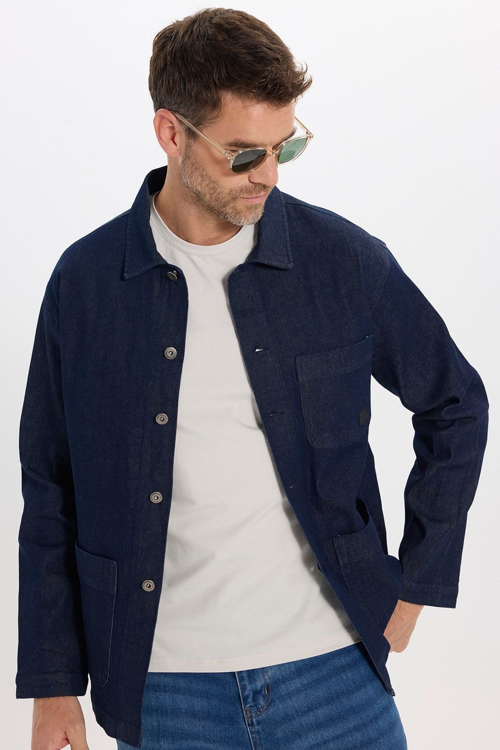 Erkek Relax Fit Rahat Kesim Pamuklu Denim 3 Cepli Lacivert Gömlek Ceket