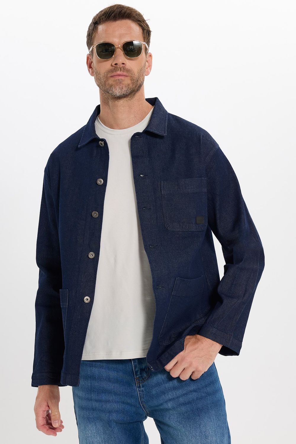 Erkek Relax Fit Rahat Kesim Pamuklu Denim 3 Cepli Lacivert Gömlek Ceket