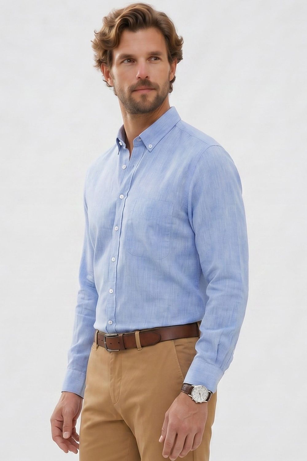 Erkek Regular Fit Klasik Kesim Oversize Pamuklu Keten Doku Düğmeli Yaka Mavi Gömlek