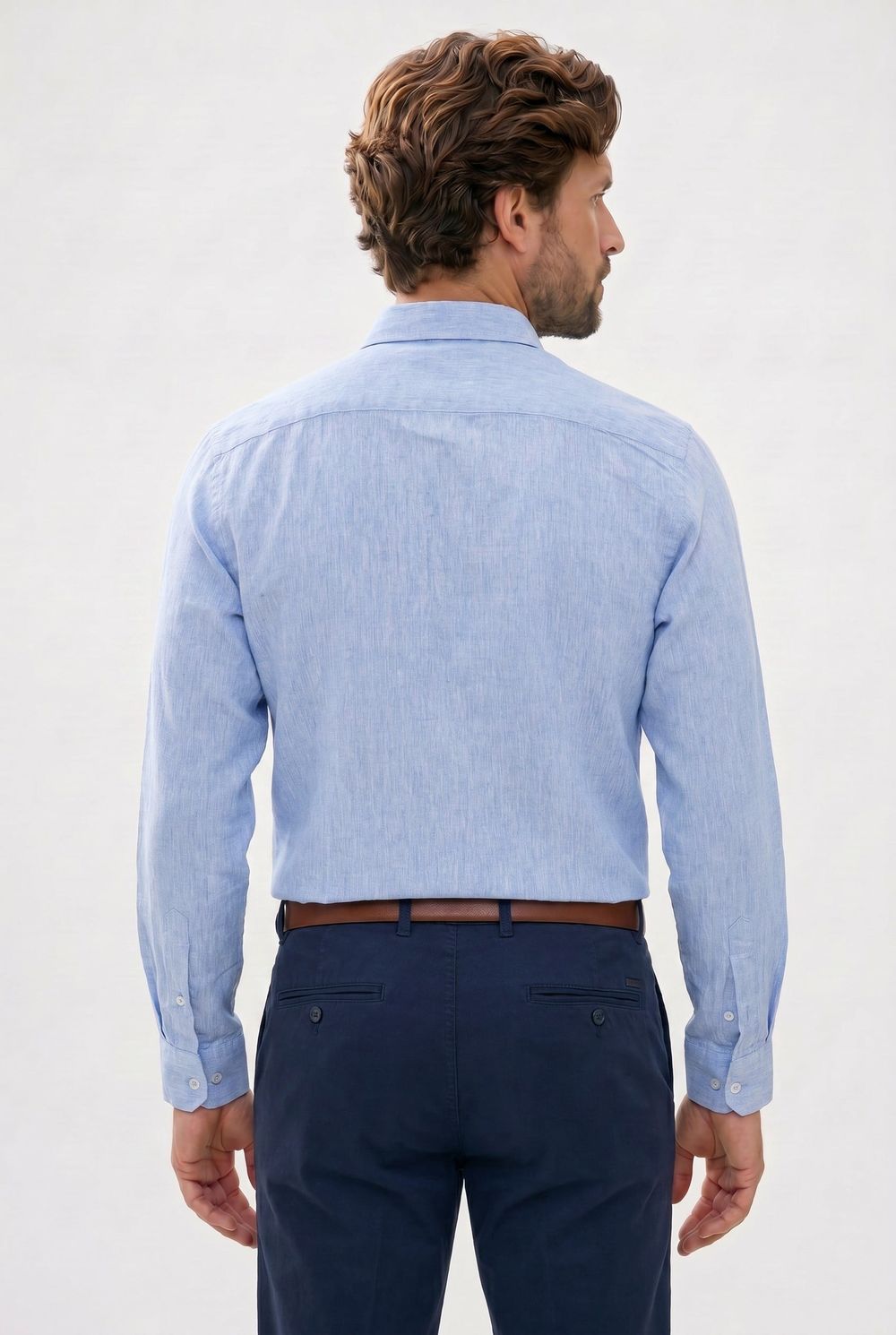 Erkek Regular Fit Klasik Kesim Oversize Pamuklu Keten Doku Düğmeli Yaka Mavi Gömlek