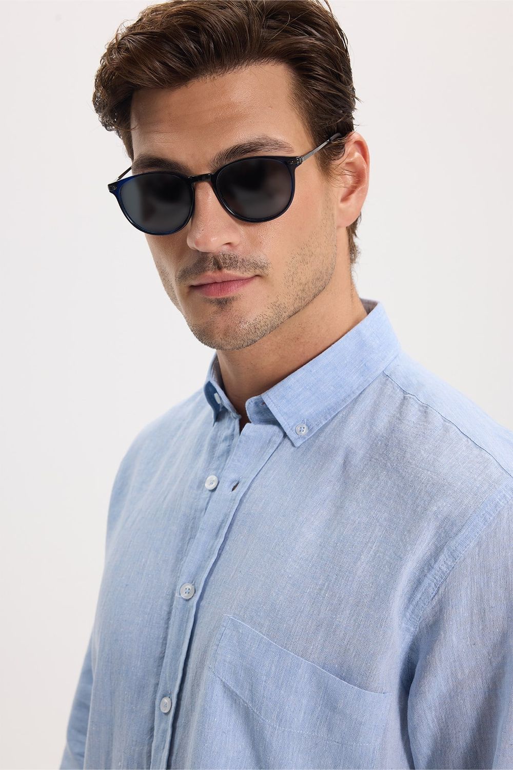 Erkek Regular Fit Klasik Kesim Oversize Pamuklu Keten Doku Düğmeli Yaka Mavi Gömlek