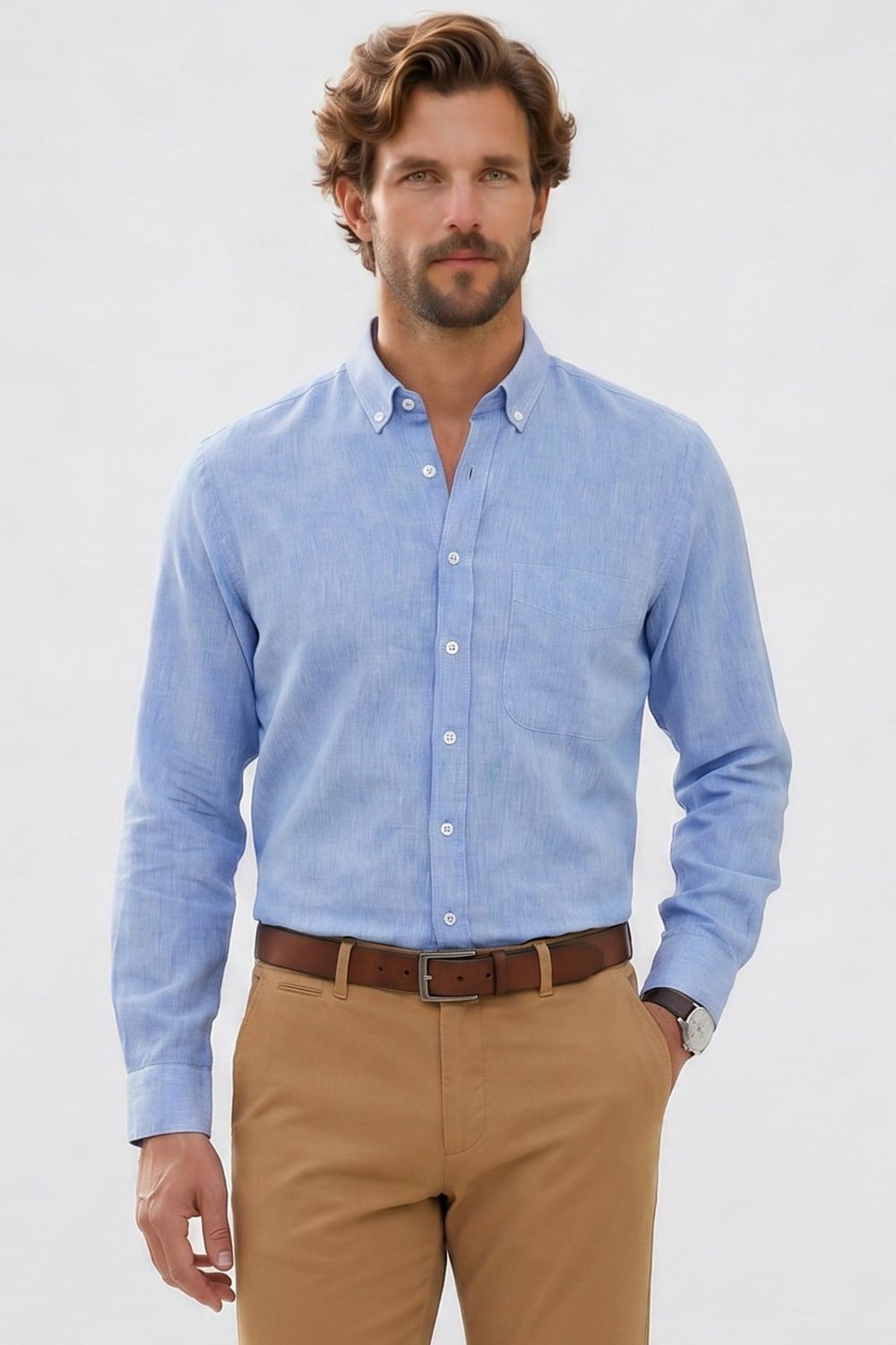 Erkek Regular Fit Klasik Kesim Oversize Pamuklu Keten Doku Düğmeli Yaka Mavi Gömlek
