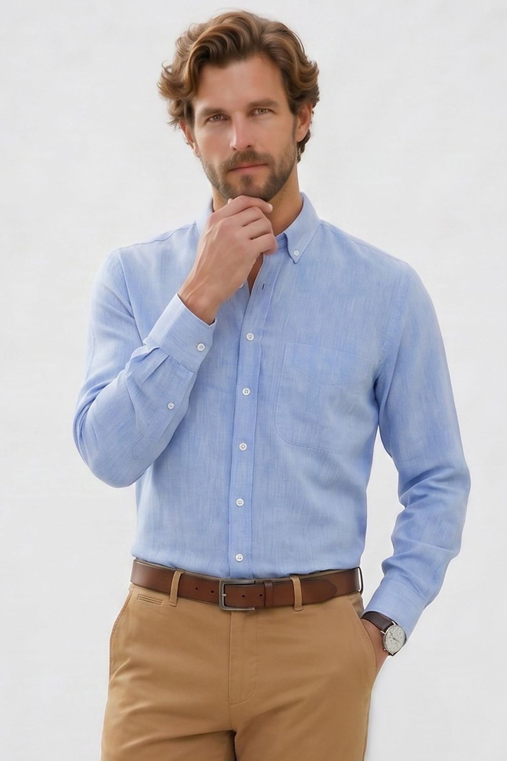 Erkek Regular Fit Klasik Kesim Oversize Pamuklu Keten Doku Düğmeli Yaka Mavi Gömlek