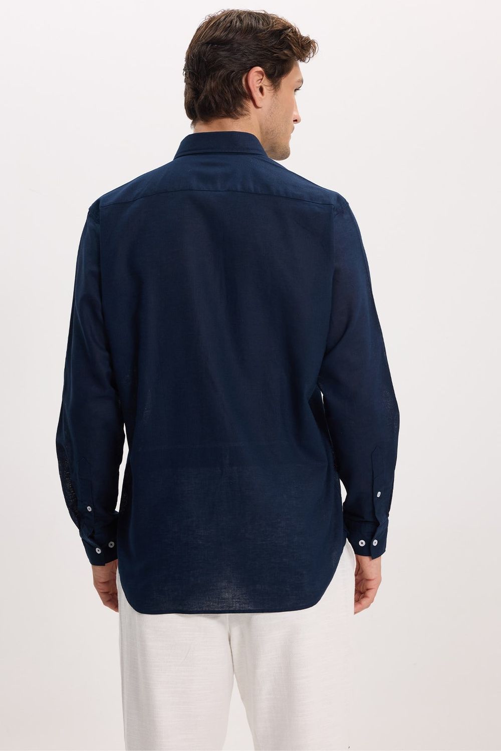 Erkek Regular Fit Klasik Kesim Oversize Pamuklu Keten Doku Düğmeli Yaka Lacivert Gömlek
