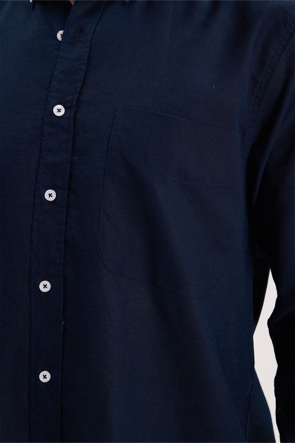 Erkek Regular Fit Klasik Kesim Oversize Pamuklu Keten Doku Düğmeli Yaka Lacivert Gömlek