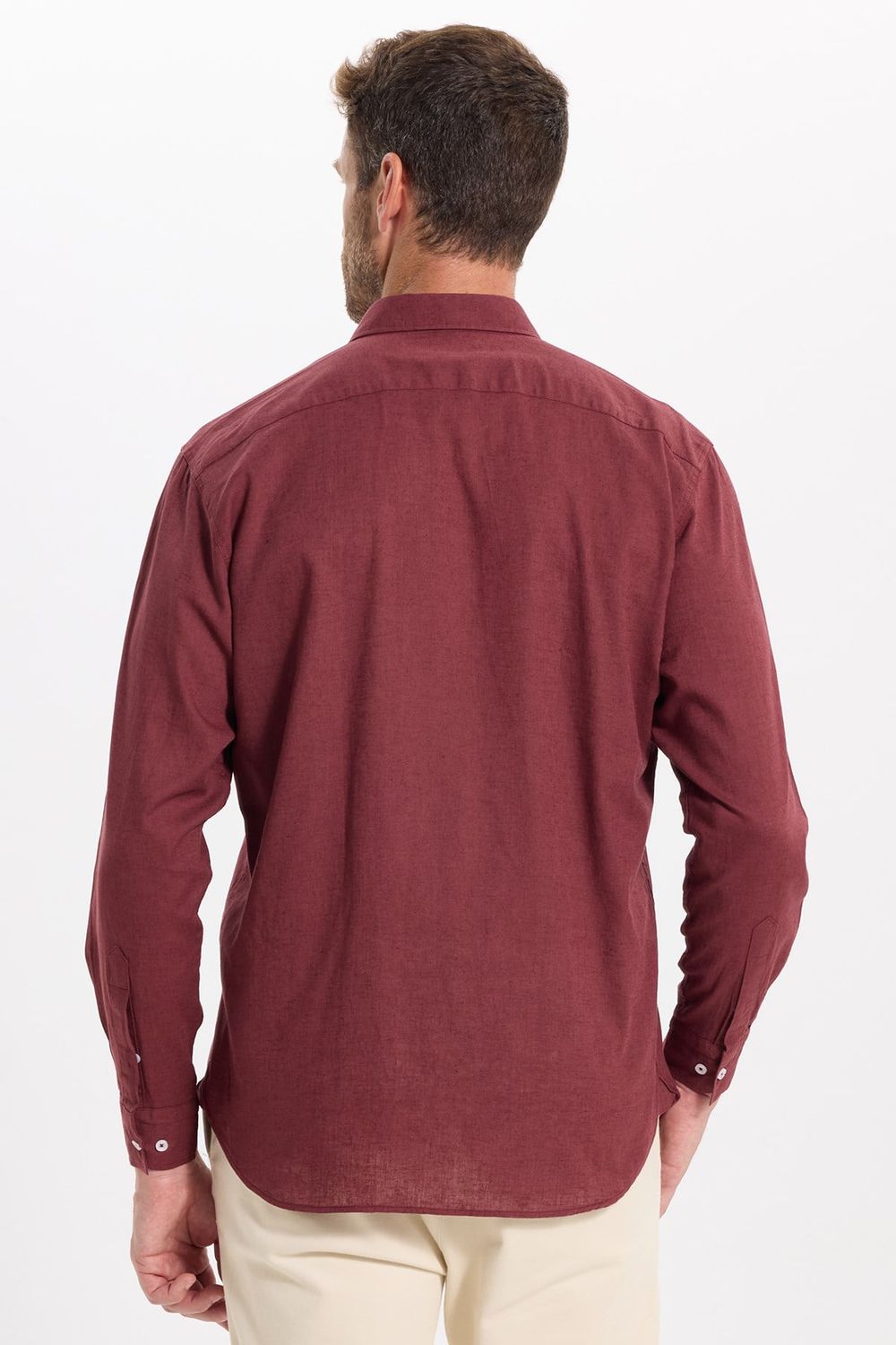 Erkek Regular Fit Klasik Kesim Oversize Pamuklu Keten Doku Düğmeli Yaka Bordo Gömlek