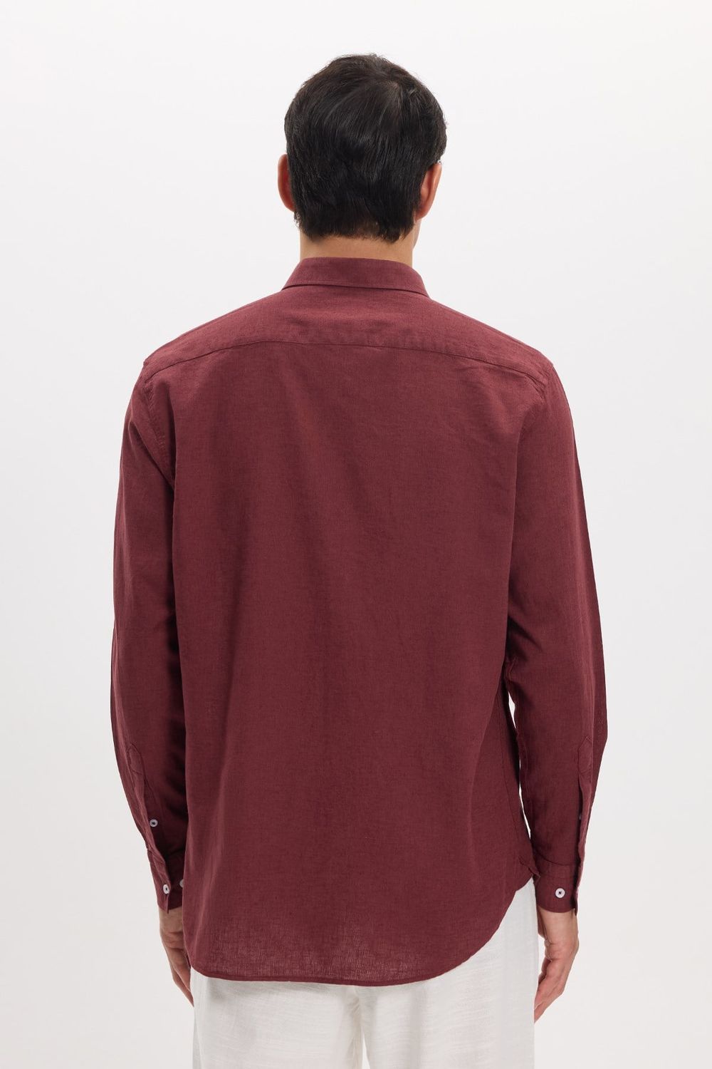 Erkek Regular Fit Klasik Kesim Oversize Pamuklu Keten Doku Düğmeli Yaka Bordo Gömlek