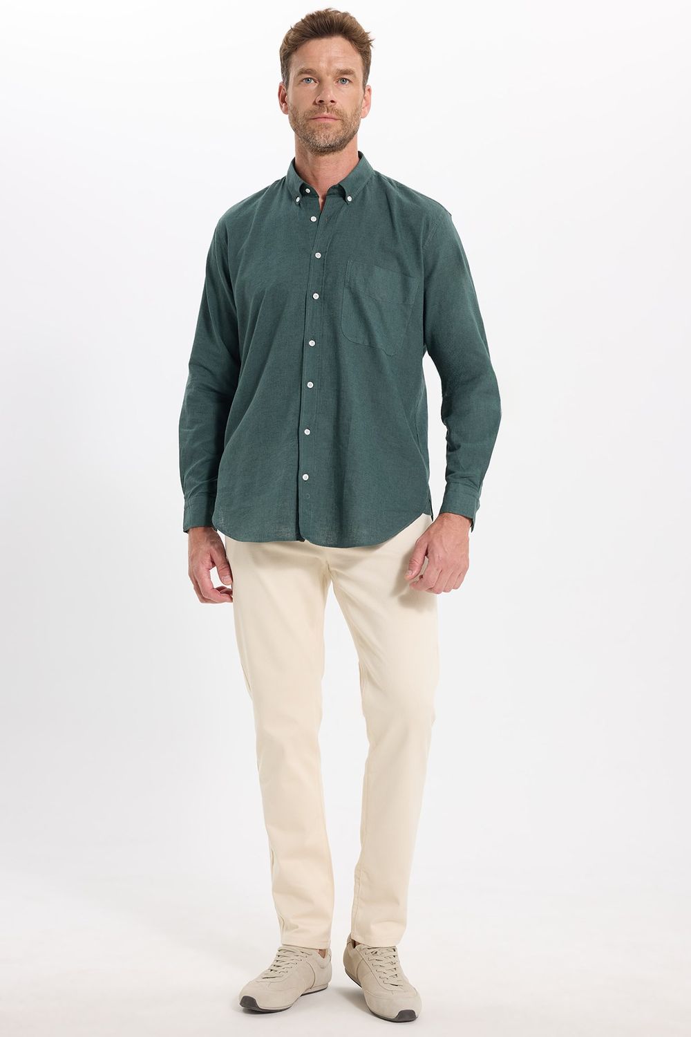 Erkek Regular Fit Klasik Kesim Oversize Pamuklu Keten Doku Düğmeli Yaka Yeşil Gömlek