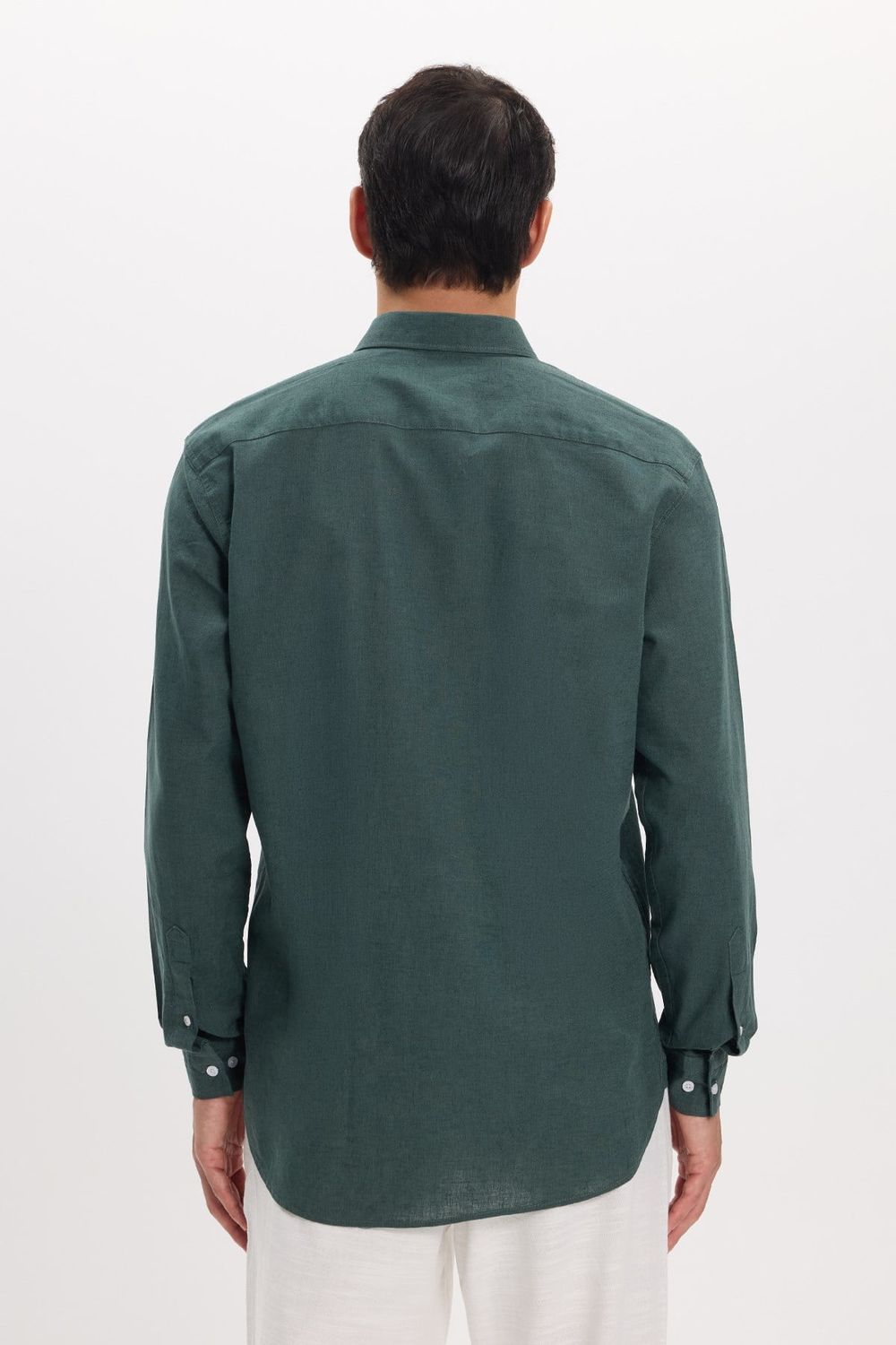 Erkek Regular Fit Klasik Kesim Oversize Pamuklu Keten Doku Düğmeli Yaka Yeşil Gömlek