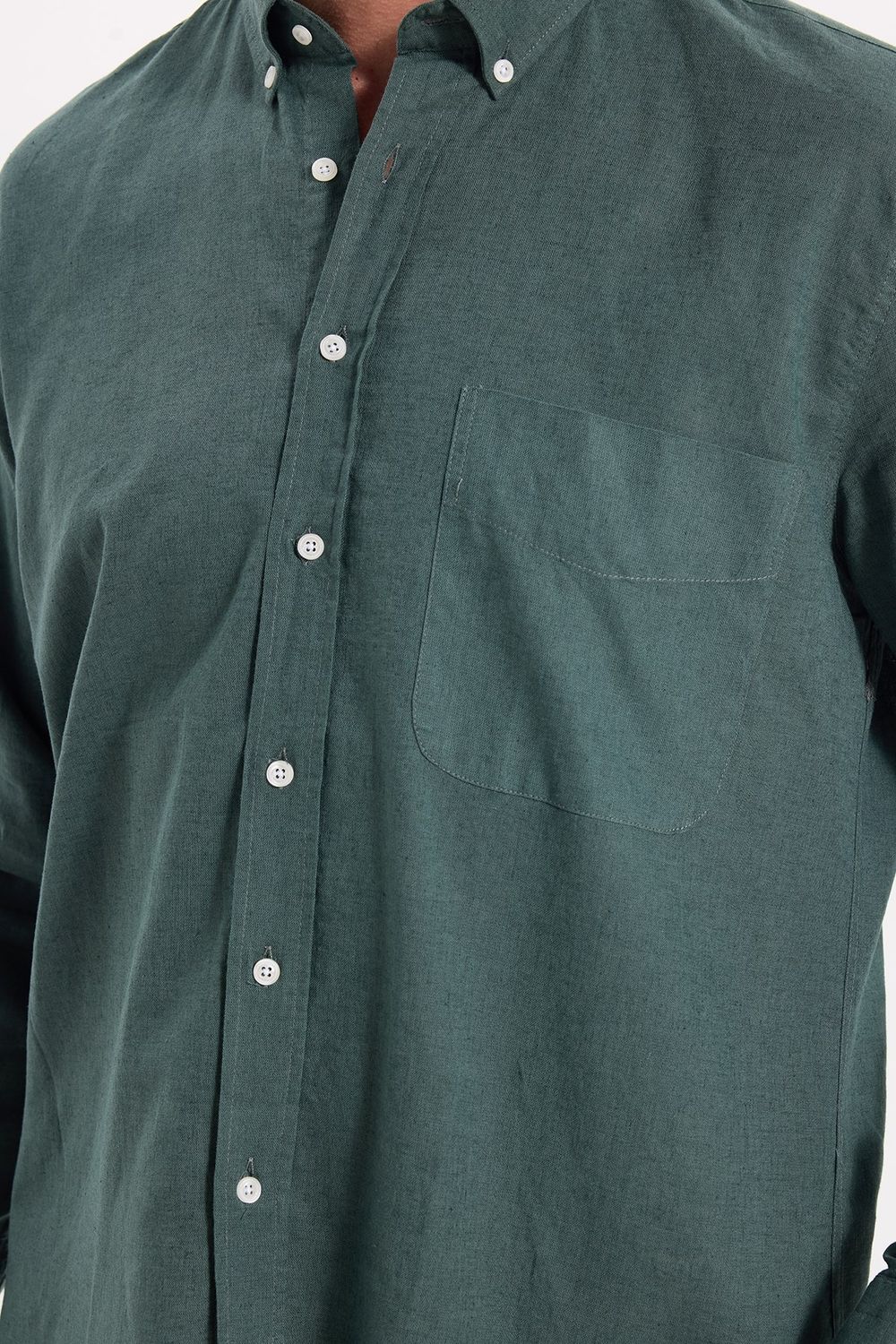 Erkek Regular Fit Klasik Kesim Oversize Pamuklu Keten Doku Düğmeli Yaka Yeşil Gömlek