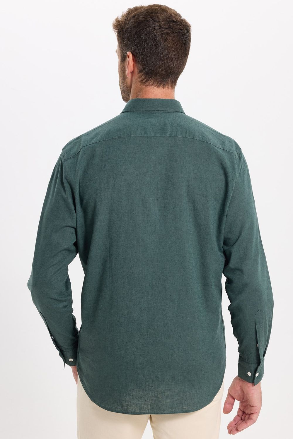 Erkek Regular Fit Klasik Kesim Oversize Pamuklu Keten Doku Düğmeli Yaka Yeşil Gömlek