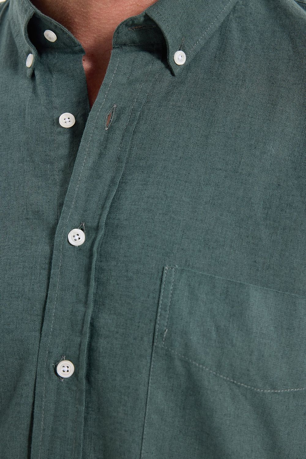 Erkek Regular Fit Klasik Kesim Oversize Pamuklu Keten Doku Düğmeli Yaka Yeşil Gömlek