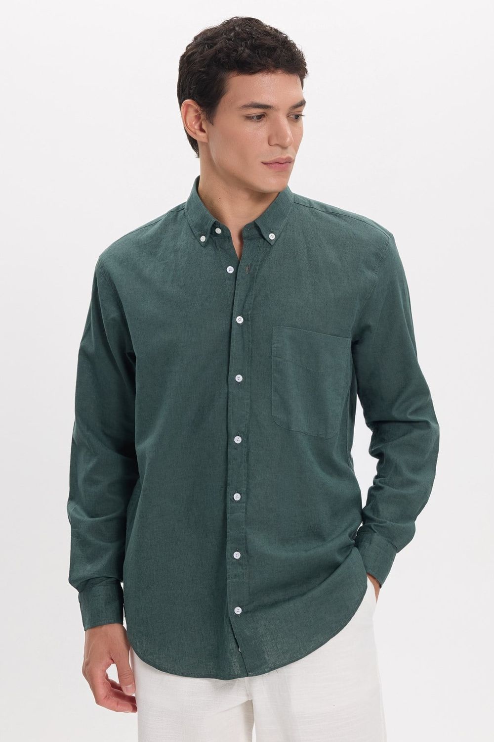 Erkek Regular Fit Klasik Kesim Oversize Pamuklu Keten Doku Düğmeli Yaka Yeşil Gömlek