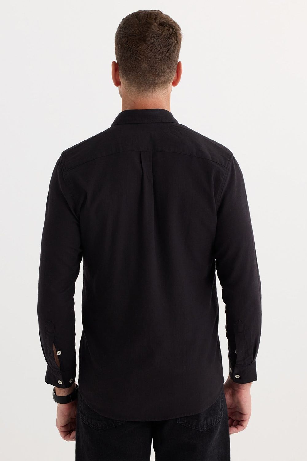 Erkek Regular Fit Klasik Kesim Oversize %100 Pamuk Keten Doku Tek Cepli Siyah Gömlek