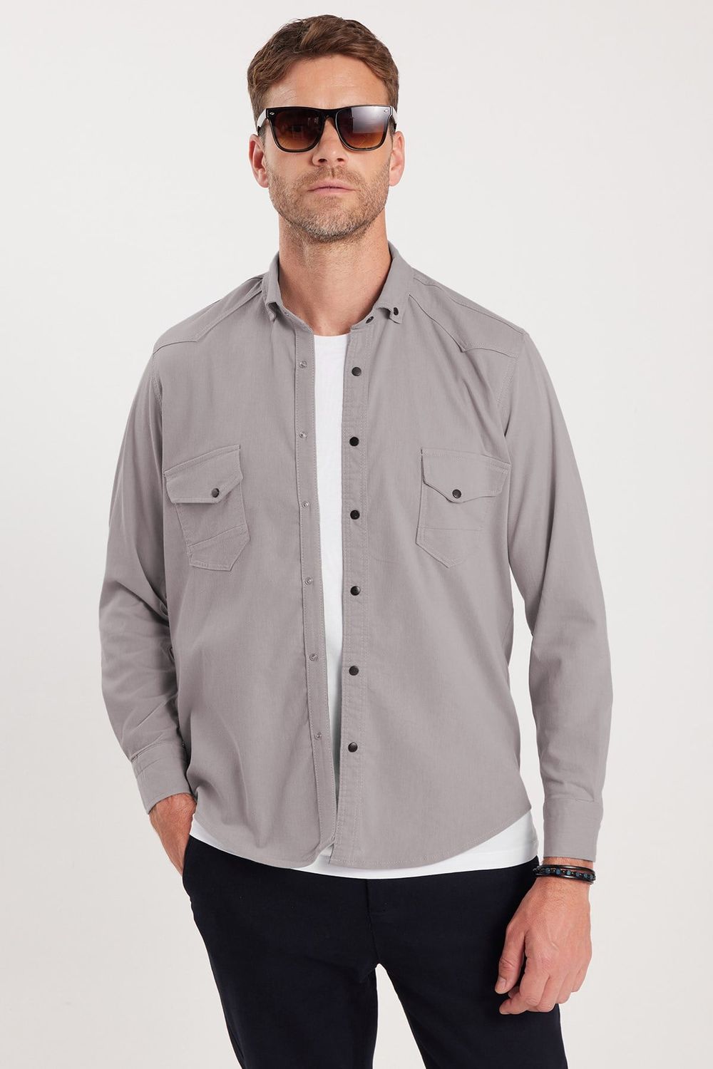 Erkek Regular Fit Rahat Kesim Çift Cepli Spor Yaka Denim Gri Gömlek