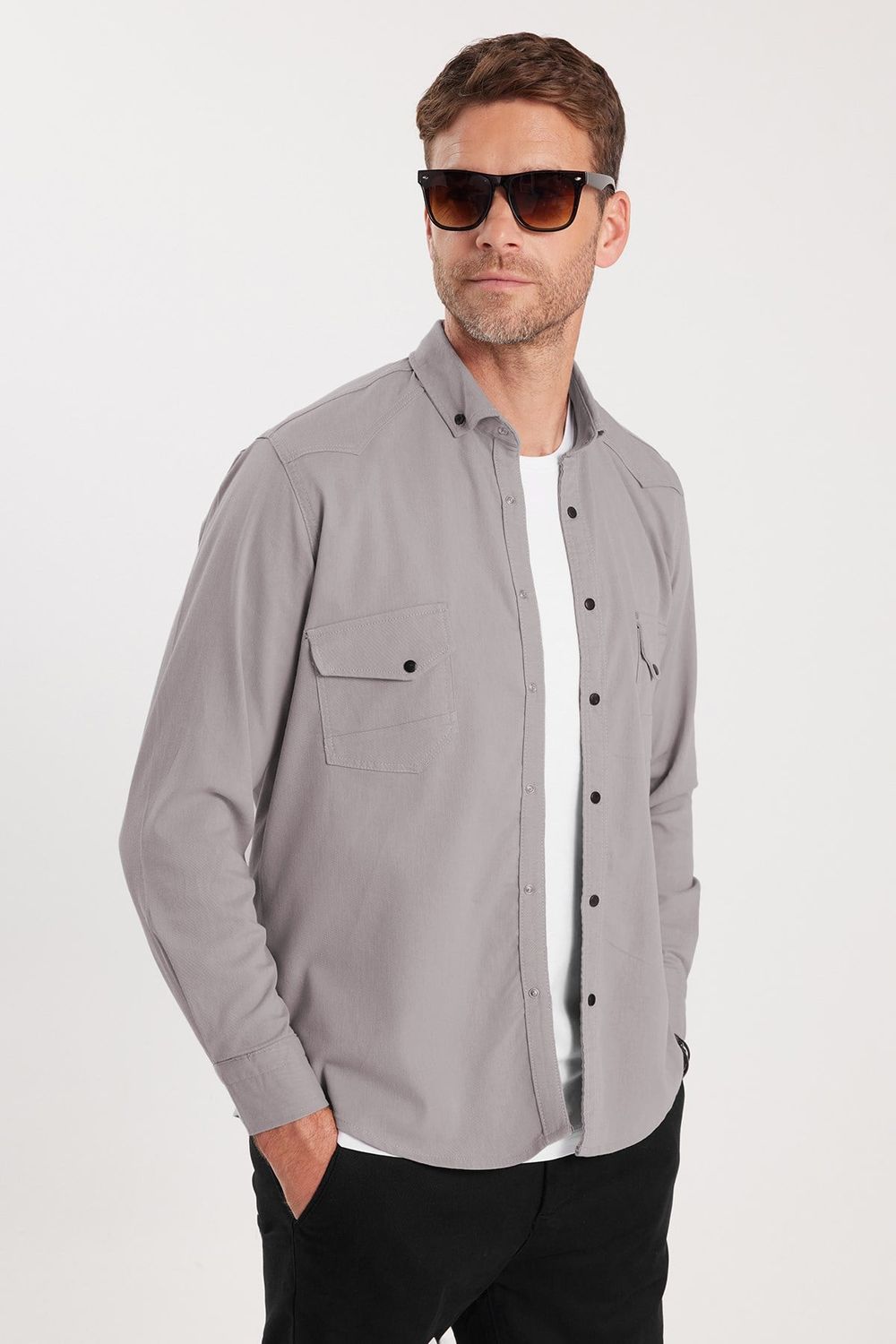 Erkek Regular Fit Rahat Kesim Çift Cepli Spor Yaka Denim Gri Gömlek