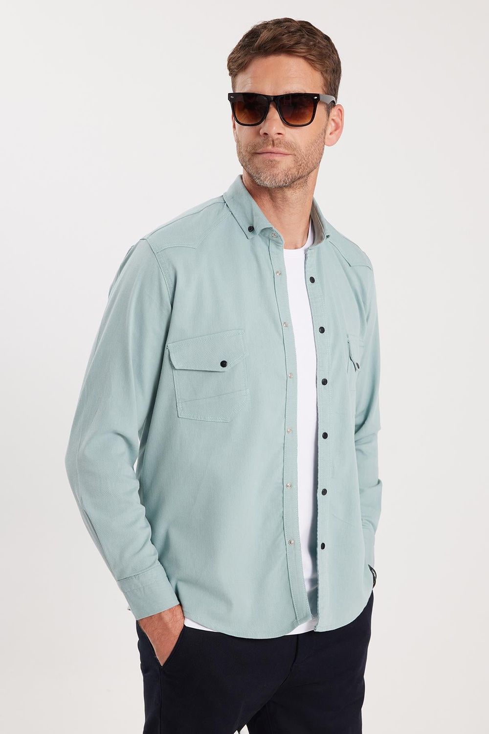 Erkek Regular Fit Rahat Kesim Çift Cepli Spor Yaka Denim Mint Gömlek