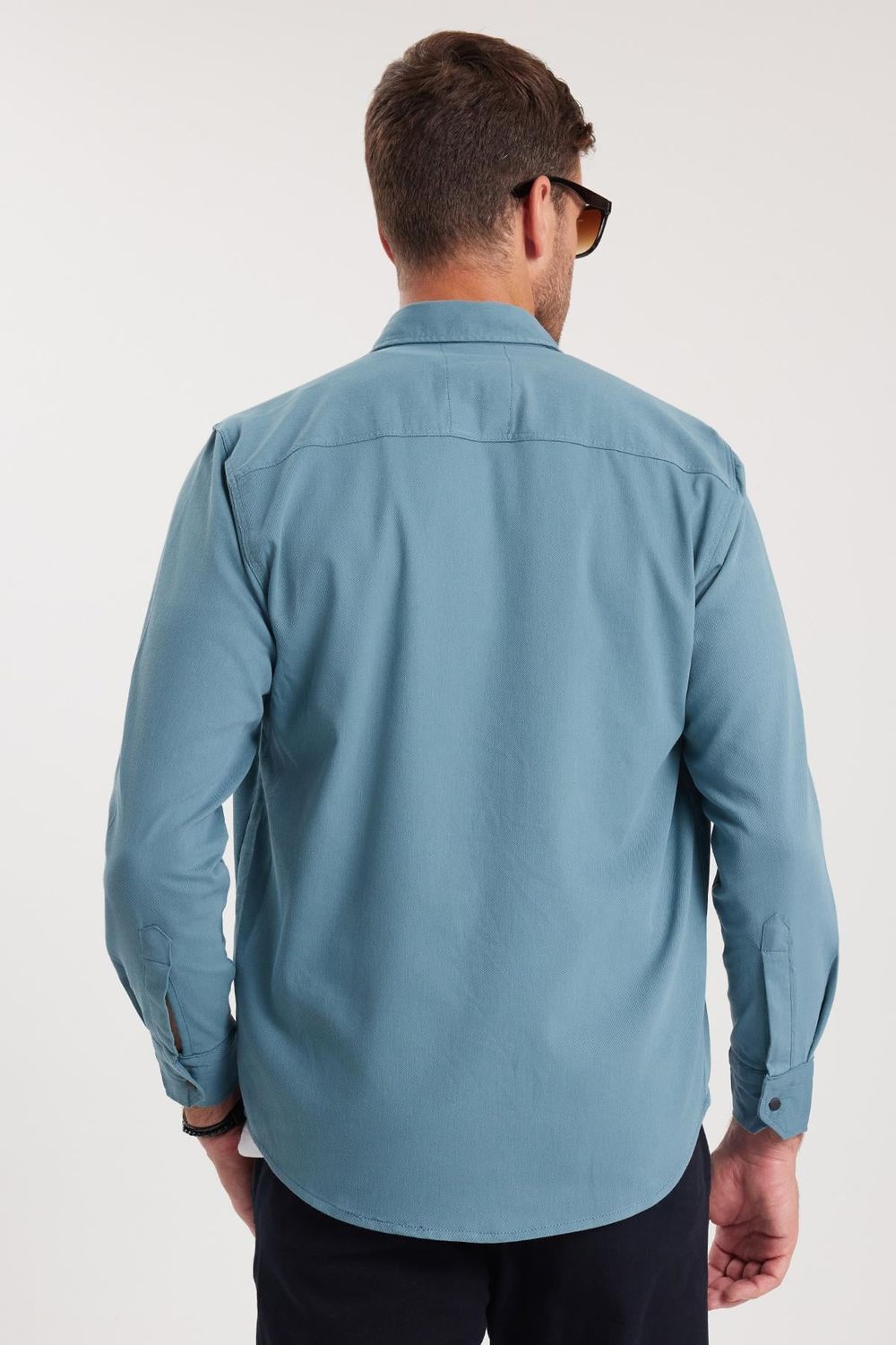Erkek Regular Fit Rahat Kesim Çift Cepli Spor Yaka Denim Petrol Gömlek