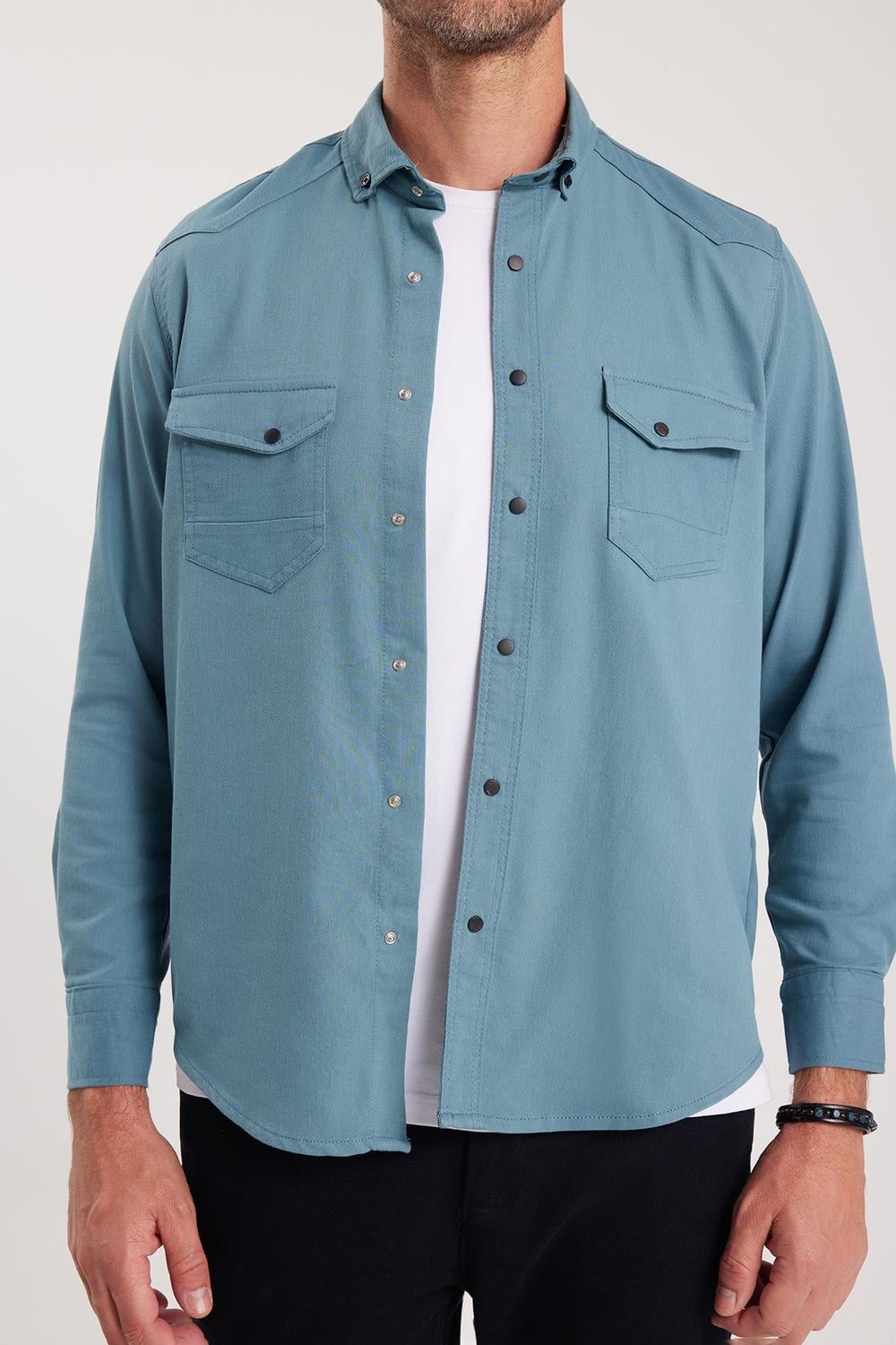 Erkek Regular Fit Rahat Kesim Çift Cepli Spor Yaka Denim Petrol Gömlek