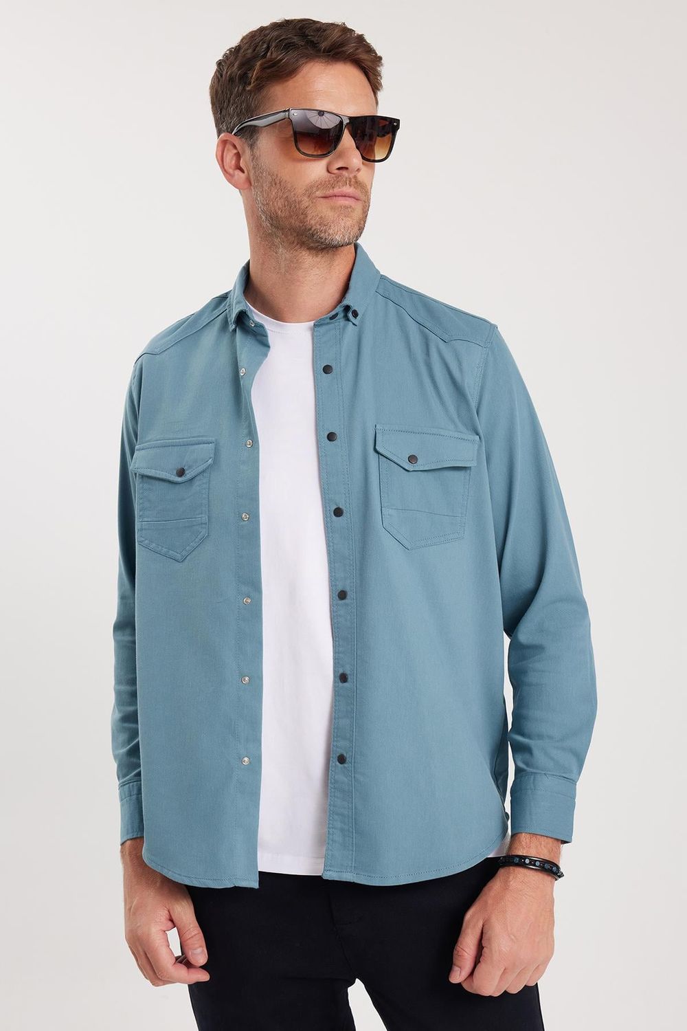 Erkek Regular Fit Rahat Kesim Çift Cepli Spor Yaka Denim Petrol Gömlek